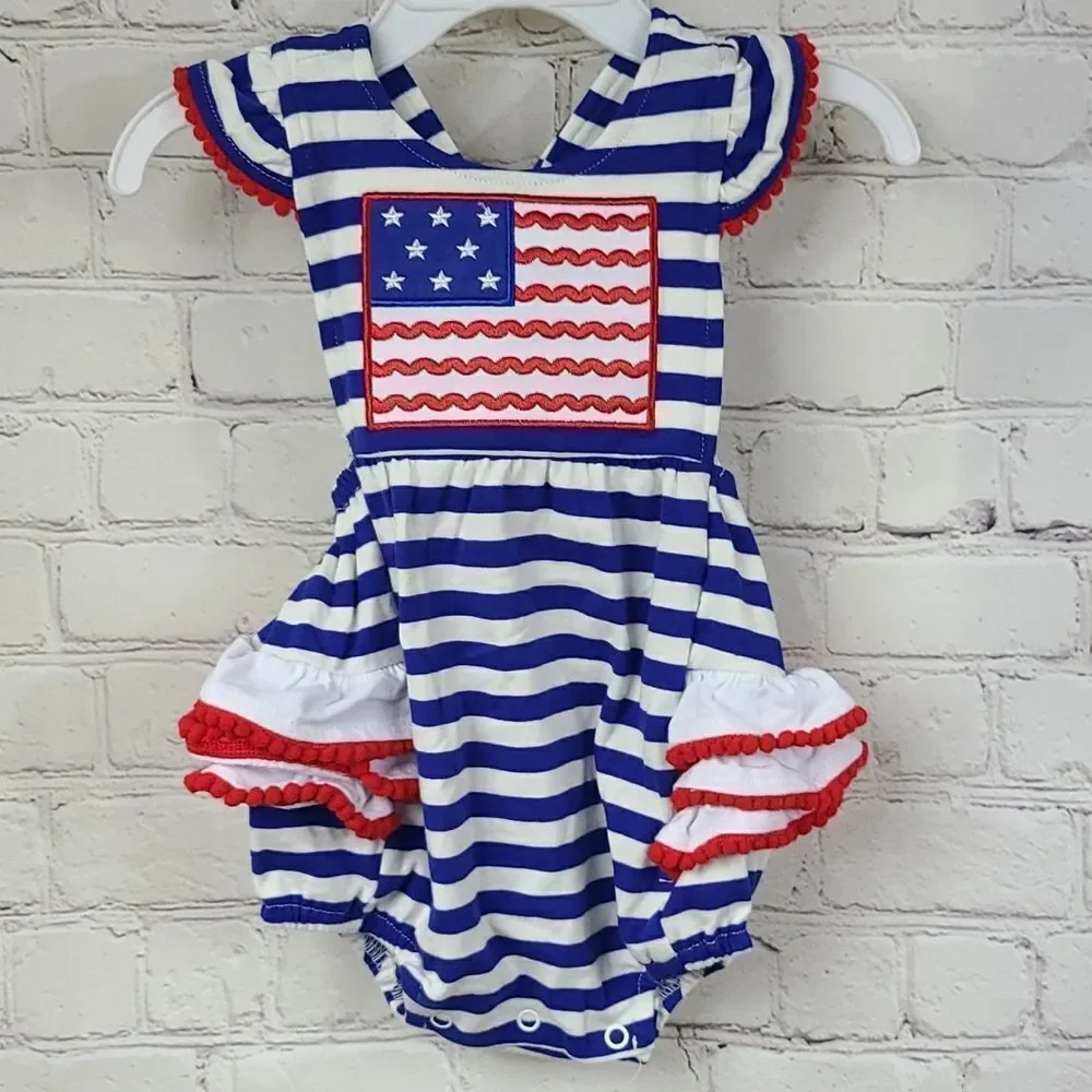 NWT Baby Girl American Flag Appliqué Striped Pom Ruffle Bubble Romper Outfit 3M